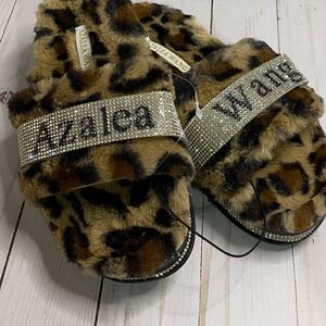 New Azalea Wang Logo Leopard Rhinestone Print Slide Sandals Size 5